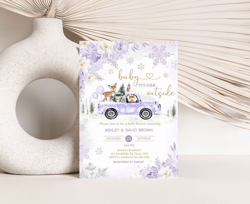 Editable Purple Winter Woodland Baby Shower Invitation Bundle, Girl Woodland Winter Baby Shower Invite Set, Girl Baby It's Cold Outside 0534 image 3