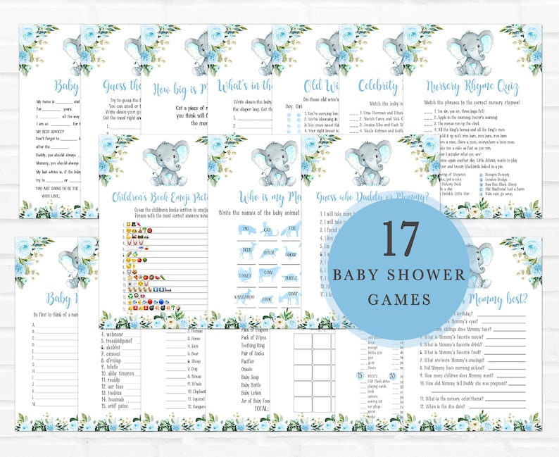 May include: A set of 17 baby shower games featuring a blue and white elephant theme. The games include "Guess the Baby Food", "Who is my Mommy?", "Guess Who Duddle is Mommy?", "Mommy Best?", "Baby Bingo", "What's in the Diaper Bag?", "Old Wives Tales", "Celebrity Baby Match", "Nursery Rhyme Quiz", "Guess the Book Emoji Picture", "How Big is Mommy's Belly?", "Baby I Spy", "What's in the Diaper Bag?", "Guess the Baby Food", "Old Wives Tales", "Celebrity Baby Match", and "Nursery Rhyme Quiz".