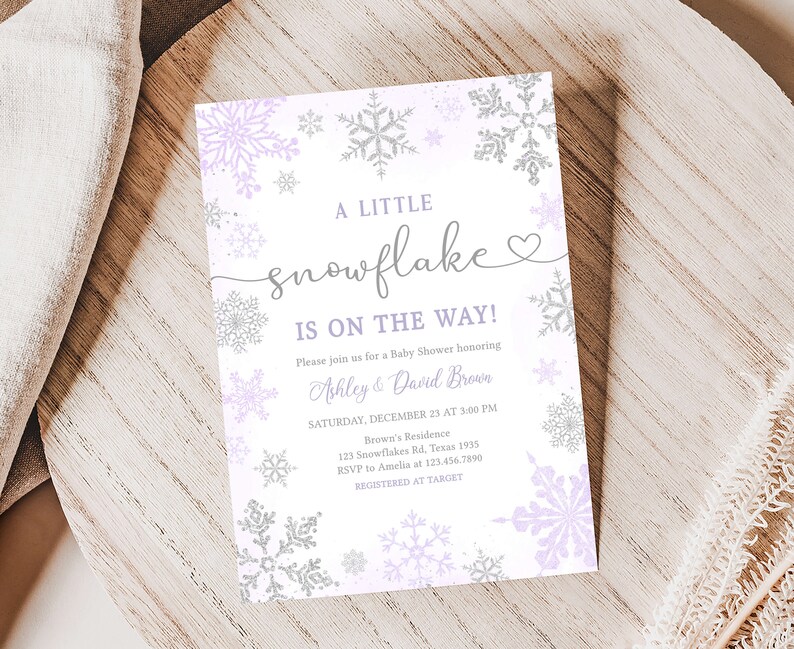 Redigerbart lila "En liten snöflinga"-inbjudningspaket för babyshower, lila snöflinge-inbjudningsset för babyshower, vinterinbjudningspaket för flickor, 0540 bild 3
