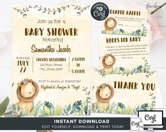 Lion Baby Shower Invitation, Baby Lion Editable Invitation, Animal Baby Shower Invitation, Printable Baby Lion Party Invitation BSL 98