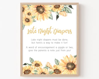 Late Night Diapers Sign Sunflower Baby Shower, Rustic Sunflower Baby Shower Diaper Thoughts Sign, Girl Boho Sunflower Baby Shower Sign 0380