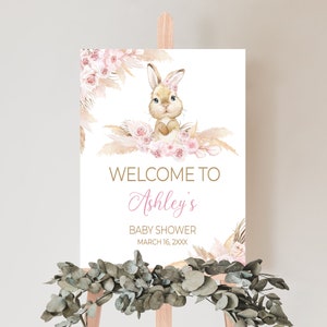 Bearbeitbares Mädchen-Kaninchen-Babyparty-Willkommensschild, rosa Boho-Kaninchen-Babyparty-Willkommensplakat, Pampas-Gras-Mädchen-Häschen-Babypartyschild, 0609