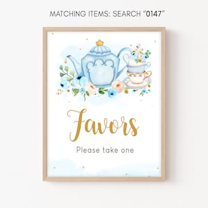 Tea Party Baby Shower Favors Sign, Floral Blue Gold Tea Baby Shower Gifts Sign, Baby is Brewing Boy Baby Shower Printable Template 0147