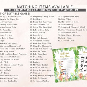 May include: A printable list of 60 baby shower game ideas, with a jungle theme. The list includes games like "How Big is Mommy's Belly?" and "Baby Shower Characters". The games are printed on a white background with green and pink illustrations of dinosaurs and tropical leaves.