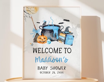 Editable Blue A Baby is Brewing Halloween Baby Shower Welcome Sign, Spooky Witch Baby Shower Welcome Poster, Boy Halloween Baby Shower 01148