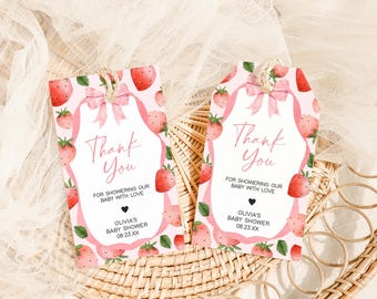 Etiqueta editable para baby shower con texto "Someone Berry Sweet", etiquetas de regalo para baby shower con fresas para niña, etiquetas de agradecimiento con lazo rosa y bayas, 01088