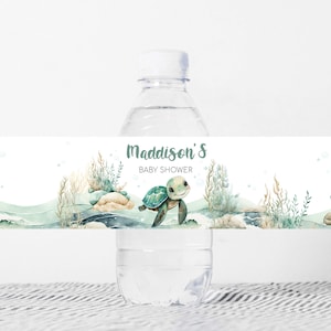 Etiqueta editable de botella de baby shower de tortuga marina, etiquetas de agua de baby shower bajo el mar, pegatinas de botellas de agua de un pequeño océano de eclosión, 0712