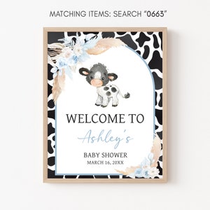 Editable Boy Holy Cow Baby Shower Welcome Sign, Blue Highland Cow Baby Shower Welcome Poster, Bohemian Floral Farm Baby Shower Sign, 0663 image 3