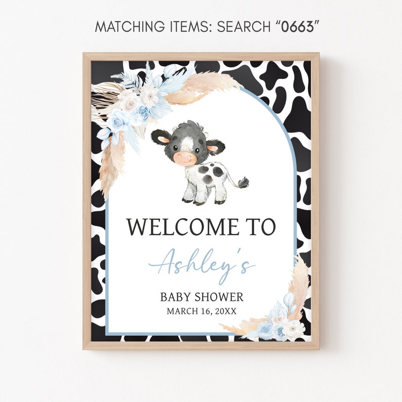 Editable Boy Holy Cow Baby Shower Welcome Sign, Blue Highland Cow Baby Shower Welcome Poster, Bohemian Floral Farm Baby Shower Sign, 0663 image 3