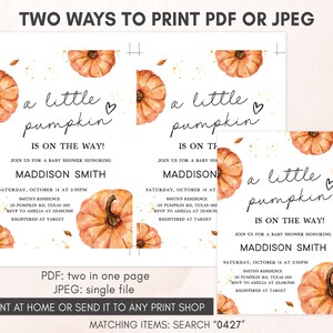 Editable Little Pumpkin Baby Shower Invitation, Fall Minimalist Baby Shower Invite, Gender Neutral Autumn Pumpkin Invitation Template 0427 image 2