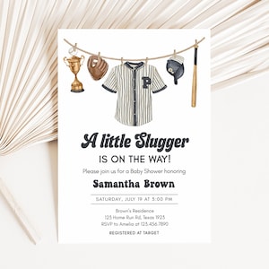 Editable Baseball Baby Shower Invitation, A Little Slugger Is On The Way Baby Shower Invitation, Boy Clothes Sports Baby Shower Invite 01062