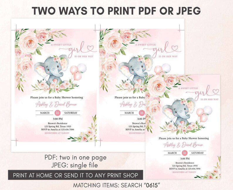 Invitación editable para fiesta de bienvenida al bebé con elefante rosa, Invitación para fiesta de bienvenida al bebé con globo de niña elefante, Plantilla de invitación para fiesta de bienvenida al bebé con niña de globo rosa, 0615 imagen 3