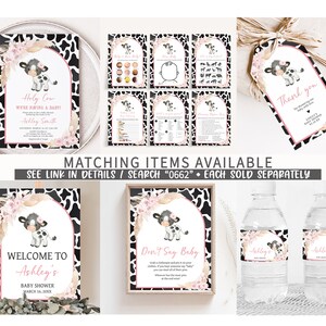 May include: A set of printable baby shower party decorations featuring a cute cartoon cow with pink flowers and a black and white cow print background. The text on the invitations reads "Holy Cow, We're Having a Baby!" and "Welcome to Ashley's Baby Shower".