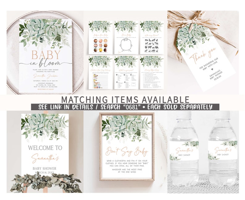 Editable Baby in Bloom Baby Shower Invitation Bundle, Succulent Gender Neutral Baby Shower Invite Set, Succulents Greenery Baby Shower, 0681 image 8
