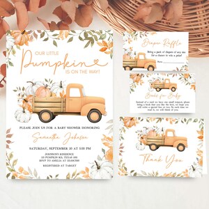 Editable Little Pumpkin Orange Truck Baby Shower Invitation Bundle, Fall Baby Shower Invite Set, Orange Pumpkin Truck Boho Baby Shower 01141