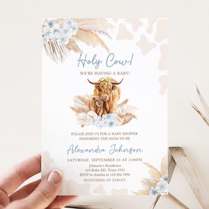 Editable Boho Highland Cow Baby Shower Invitation Bundle, Blue Holy Cow Baby Shower Invite Set, Boy Highland Cow Boho Invitation Pack, 0505 image 3