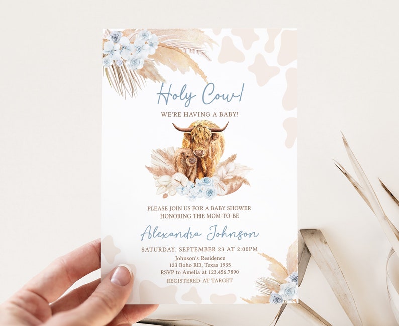 Editable Boho Highland Cow Baby Shower Invitation Bundle, Blue Holy Cow Baby Shower Invite Set, Boy Highland Cow Boho Invitation Pack, 0505 image 3