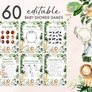 Editable Safari Baby Shower Games Bundle, Greenery Jungle Baby Shower Game Pack, Wild One Safari Animals Baby Shower Games Template, 0297 image 1