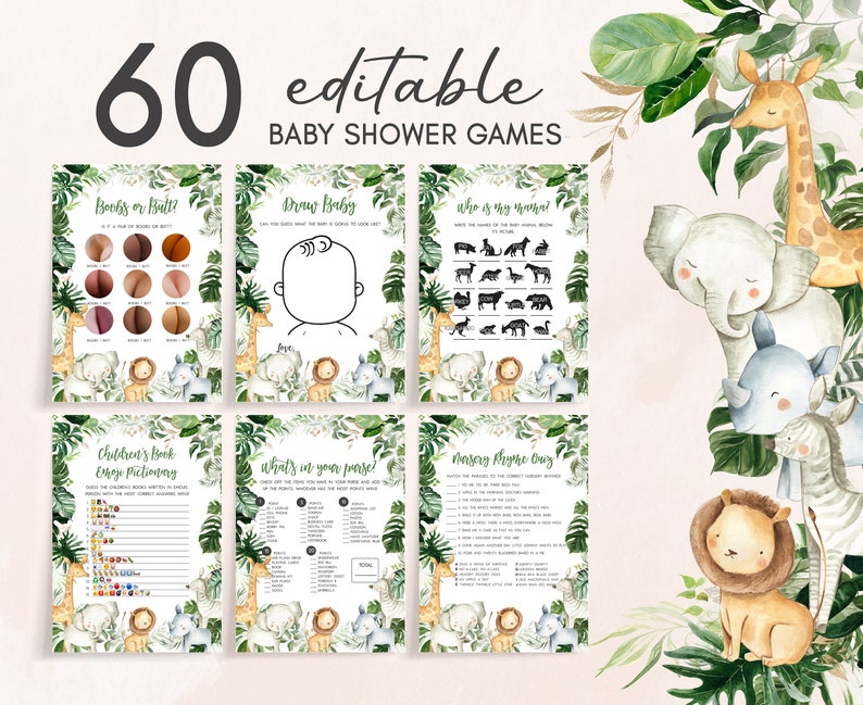 Editable Safari Baby Shower Games Bundle, Greenery Jungle Baby Shower Game Pack, Wild One Safari Animals Baby Shower Games Template, 0297 image 1