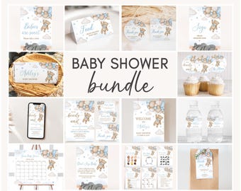 Editable Bear Balloon Baby Shower Bundle, Blue We Can Bearly Wait Baby Shower Pack, Boy Boho Bear Baby Shower Mega Bundle Template, 0504