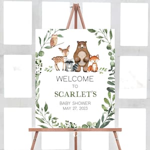 Cartello di benvenuto modificabile per baby shower nel bosco Animali del bosco Baby shower Poster di benvenuto Modello stampabile per animali selvatici della foresta verde 0336
