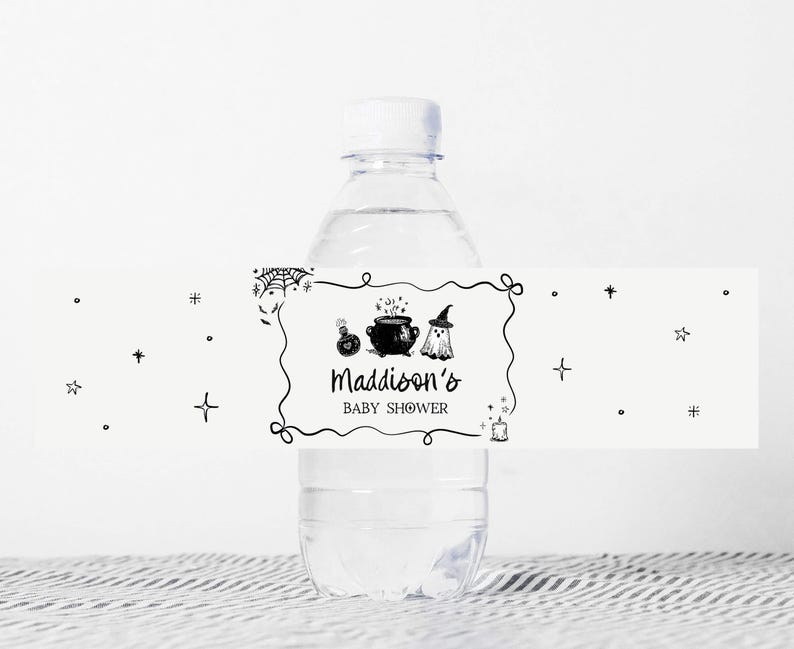 A clear plastic water bottle with a label that says "Maddison's BABY SHOWER" and various decorative elements such as stars and a spider.