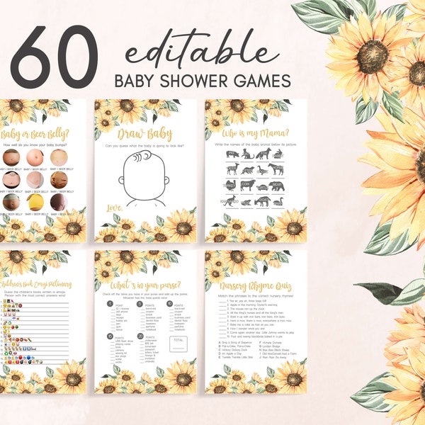 Editable Sunflower Baby Shower Games Bundle, Rustic Sunflower Baby Shower Game Pack, Girl Boho Sunflower Baby Shower Games Set Template 0380