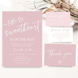 Editable Valentine Baby Shower Invitation Bundle, Minimalist Heart Baby Shower Invite Set, Pink A Little Sweetheart Baby Shower Invite 0596 image 1