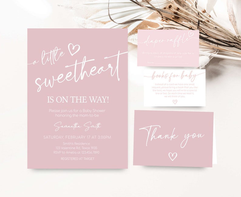 Editable Valentine Baby Shower Invitation Bundle, Minimalist Heart Baby Shower Invite Set, Pink A Little Sweetheart Baby Shower Invite 0596 image 1