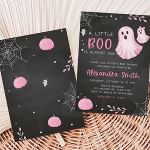 Editable Little Boo Baby Shower Invitation Bundle, Pink Halloween Baby Shower Invite Pack, Pink Girl Ghost Baby Shower Invite Template 0361 image 2