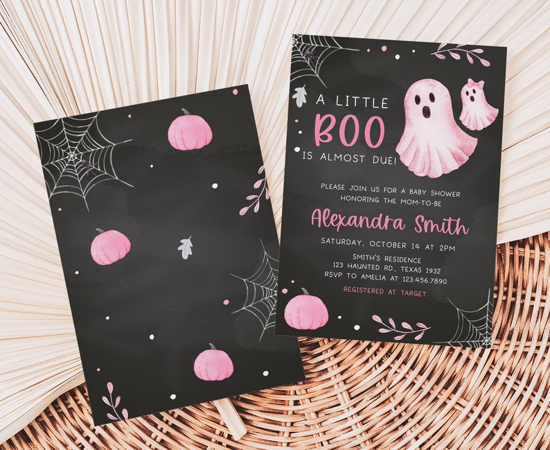 Editable Little Boo Baby Shower Invitation Bundle, Pink Halloween Baby Shower Invite Pack, Pink Girl Ghost Baby Shower Invite Template 0361 image 2