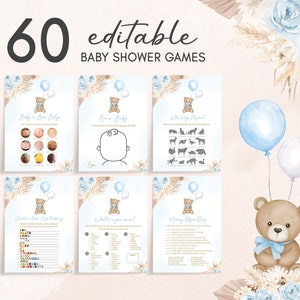 Editable Blue Pampas Grass Boy Boho Bear Baby Shower Games Bundle, We Can Bearly Wait Baby Shower Game Pack, Brown Bear Balloon Games, 0622 image 1