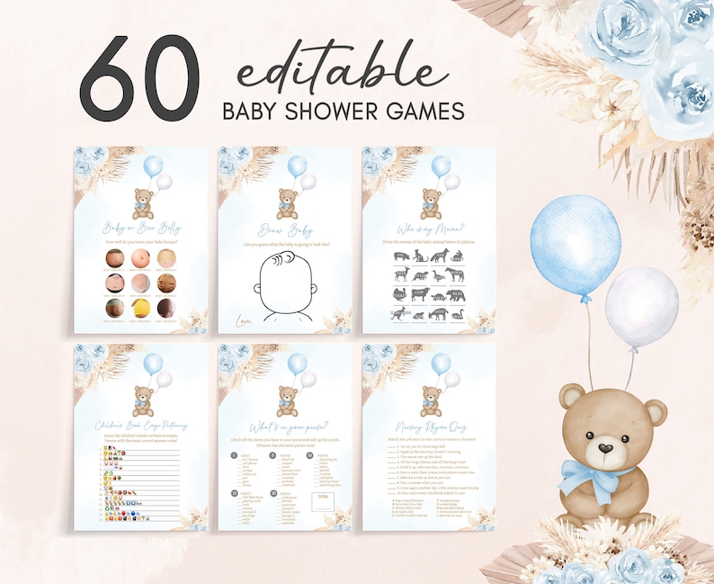 Editable Blue Pampas Grass Boy Boho Bear Baby Shower Games Bundle, We Can Bearly Wait Baby Shower Game Pack, Brown Bear Balloon Games, 0622 image 1