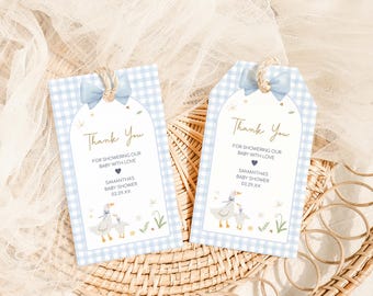 Etiqueta editable de regalo para baby shower de Silly Goose, etiquetas de regalo de Daisy Goose con cuadros a cuadros, etiqueta de agradecimiento de Mother Goose con lazo azul 01071