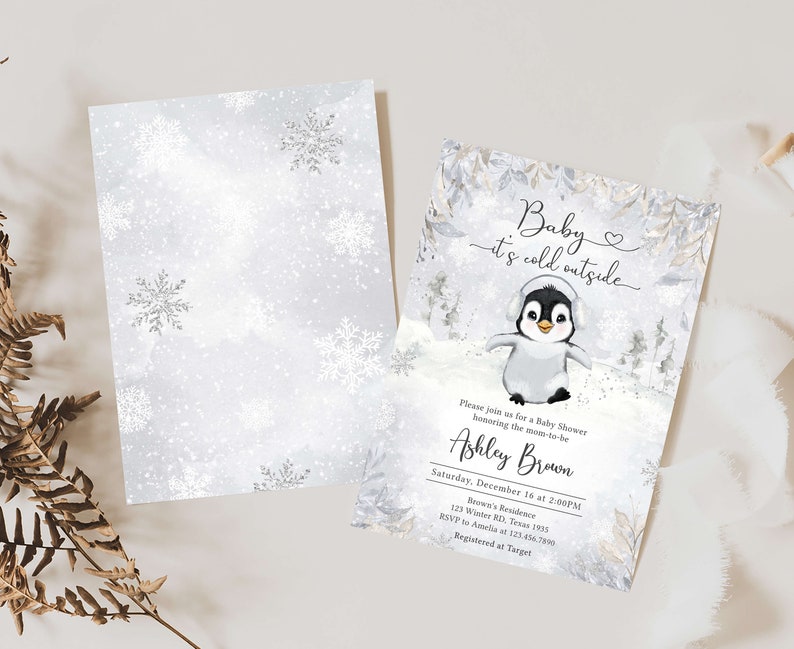 Editable Winter Penguin Baby Shower Invitation Bundle, Gender Neutral Penguin Baby Shower Invite Set, Baby It's Cold Outside Invitation 0537 image 2