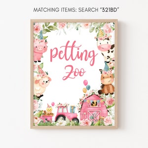 May include: A pink and white sign with the text "Petting Zoo" surrounded by flowers and farm animals. The animals include a pig, a cow, a sheep, and a horse. There is a pink tractor and a red barn in the background.