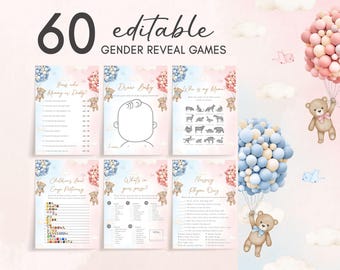 Editable Teddy Bear Gender Reveal Games Bundle, Pink Blue We Can Bearly Wait Game Pack, Girl Boy Boho Bear Balloons Printable Games, GR7