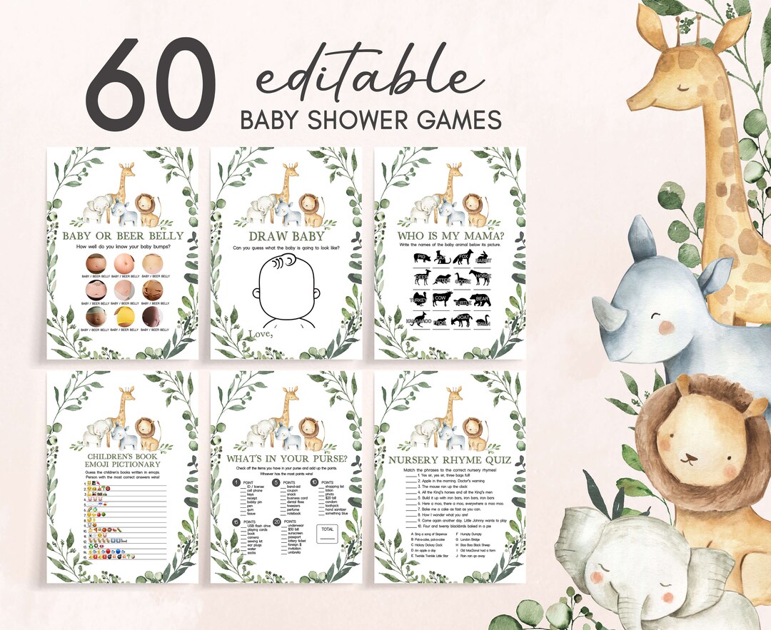 Paquete editable de juegos de baby shower de Safari, paquete de juegos de  baby shower de la selva, plantilla imprimible de juegos de animales de ..., image size:1080x883