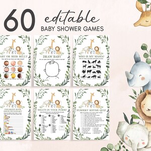 Editable Safari Baby Shower Games Bundle, Jungle Baby Shower Game Pack, Gender Neutral Greenery Safari Animals Games Printable Template 0334