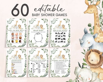 Paquete editable de juegos de baby shower de Safari, paquete de juegos de baby shower de la selva, plantilla imprimible de juegos de animales de safari de vegetación neutral en cuanto al género 0334