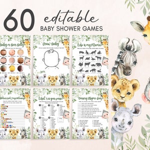 K&ouml;nnte beinhalten: Ein Satz von 6 druckbaren Babyparty-Spielkarten mit Illustrationen von Dschungeltieren. Die Karten beinhalten Spiele wie "Baby or Beer Belly", "Draw Baby", "Who is My Mama", "Children's Book Emoji Relay", "What's in Your Purse" und "Nursery Rhyme Quiz".