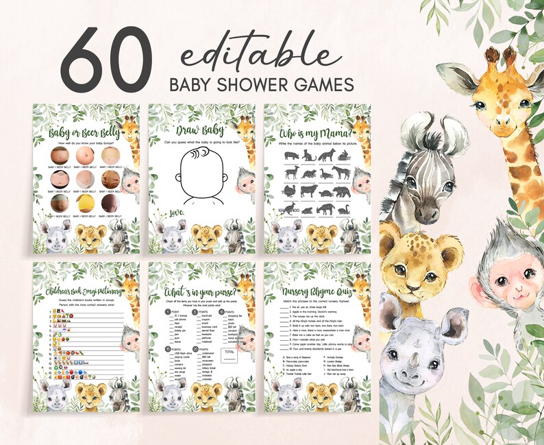 K&ouml;nnte beinhalten: Ein Satz von 6 druckbaren Babyparty-Spielkarten mit Illustrationen von Dschungeltieren. Die Karten beinhalten Spiele wie "Baby or Beer Belly", "Draw Baby", "Who is My Mama", "Children's Book Emoji Relay", "What's in Your Purse" und "Nursery Rhyme Quiz".