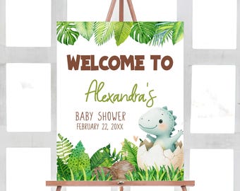 Editable Dinosaur Baby Shower Welcome Sign, Hatching Soon Cute Dino Baby Shower Welcome Poster, Neutral Greenery Dino Baby Shower Sign 01038