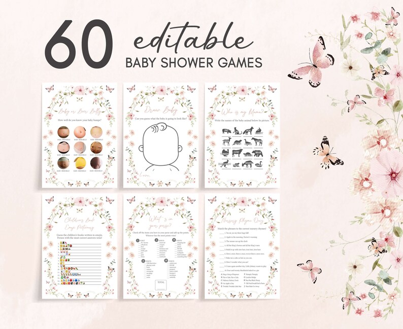 Editable Baby in Bloom Baby Shower Games Bundle, Butterfly Baby Shower Game Pack, Butterflies Wildflower Spring Baby Shower Games Set, 0674 image 1
