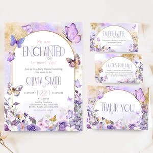Editable We are Enchanted to Meet You Butterfly Baby Shower Invitation Bundle, Purple Butterfly Shower Invite, Girl Baby Shower Invite 01044