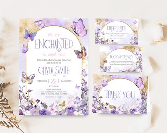Edytowalny pakiet zaproszeń na baby shower z motywem motyla „Jesteśmy zachwyceni, aby cię poznać”, fioletowe zaproszenie na baby shower z motylem, zaproszenie na baby shower dla dziewczynki 01044