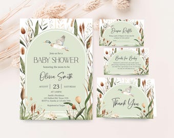 Lot d'invitations modifiables pour baby shower de canard colvert, invitation de baby shower de chasse aux canards, baby shower de canard colvert, invitation de baby shower de canard garçon 01112