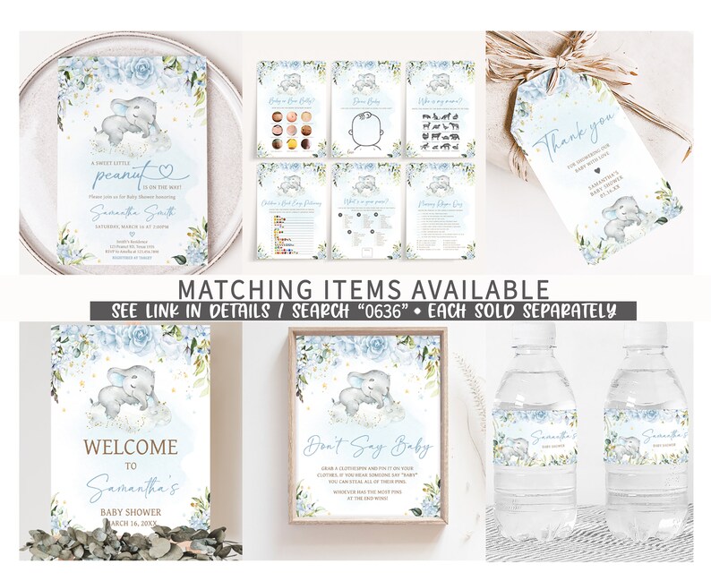 May include: A blue and white baby shower invitation with a cute elephant illustration. The invitation says "A sweet little peanut is on the way" and includes the name Samantha Smith, the date, and time of the shower. Matching items are available, see link in details or search 0636.