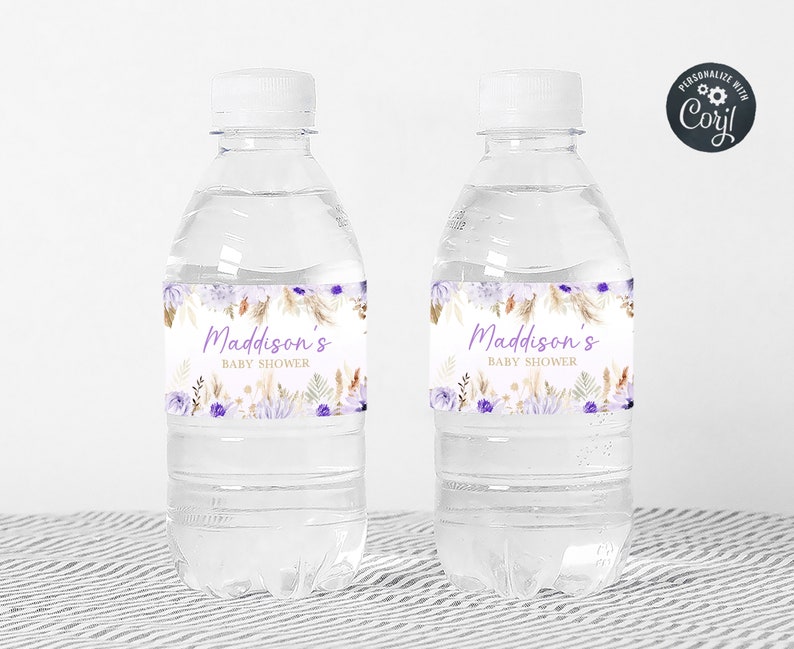 May include: Two clear plastic water bottles with purple and gold floral labels that say "Maddison's Baby Shower".