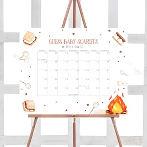 Bearbeitbarer S'more Fälligkeitsdatumskalender für die Babyparty, Herbst Bonfire Babypartykalender, rustikale Herbst Smores Camping Geburtstagsvorhersagespiel 0354